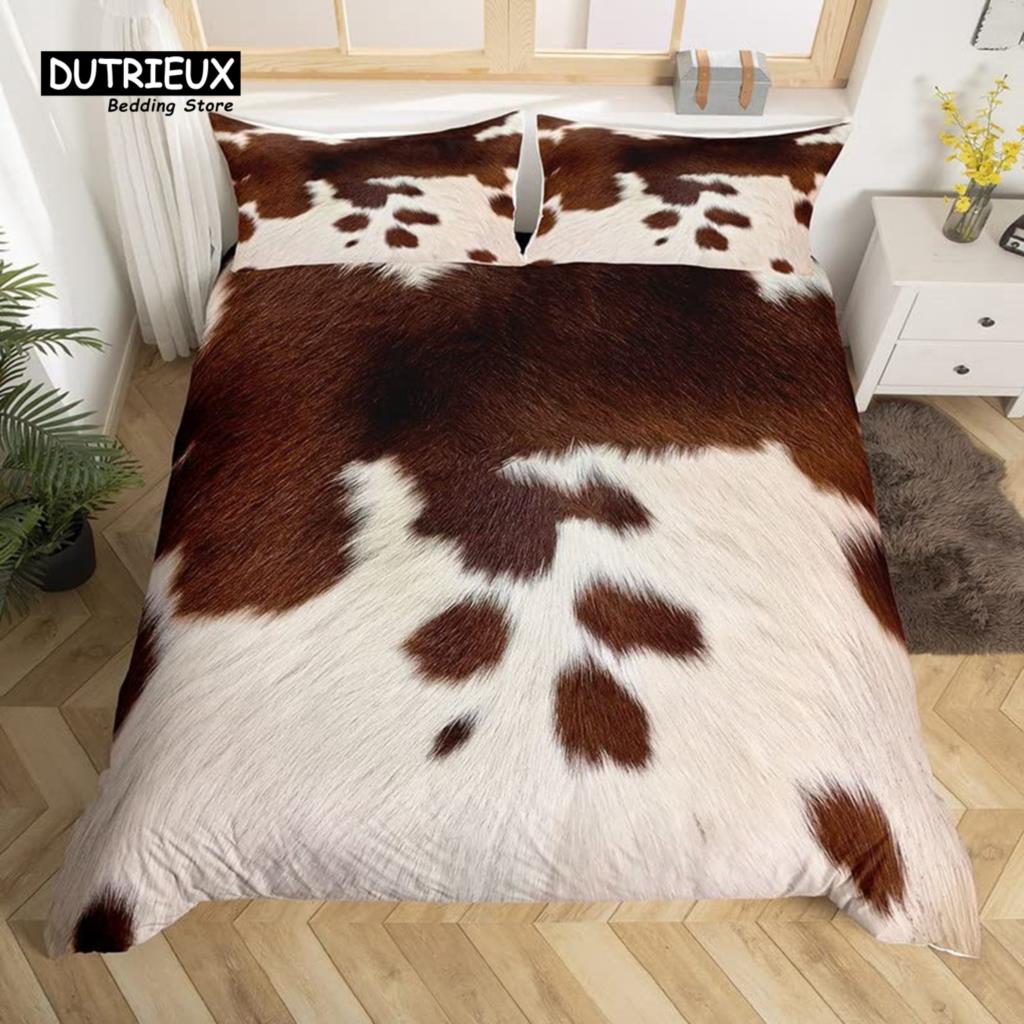 Cowhide Sunflower Duvet Cover Western Farm Animal Skin Bedding Set Microfiber Cow Fur Comforter Cover Twin For Boys Girls Room