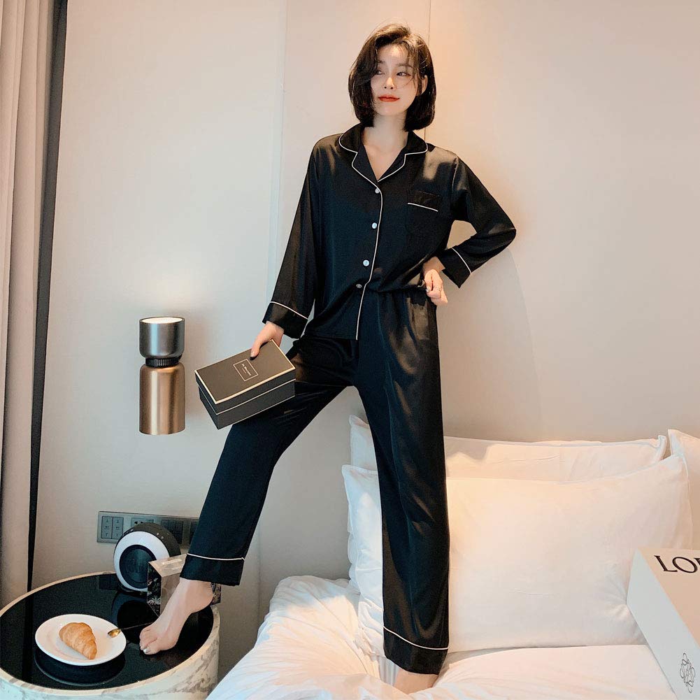 JoveJek Long Sleeve Pajama Classic Plus Suitable for and Winter Women's Silk-Like Set, Open-Front, Style, Breathable, Sizes, Lightweight, Spring,