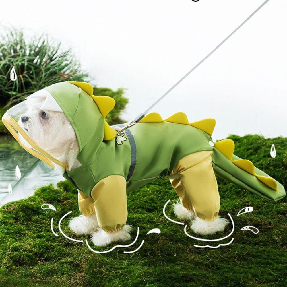 Waterproof Dog Raincoat Dinosaur Design Full Body Protection Pet Rain Poncho Reflective Hoodie Leash-Attachable Rainwear Hood