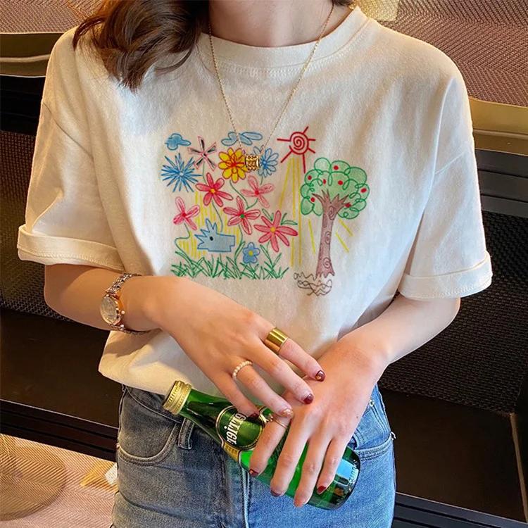 White Casual Ort Sve T-irt Women s Top Korean Sle Chic Round Ne Print Summer Irt Graphic T Shirts Summer Streetwear Harajuku Y2K S