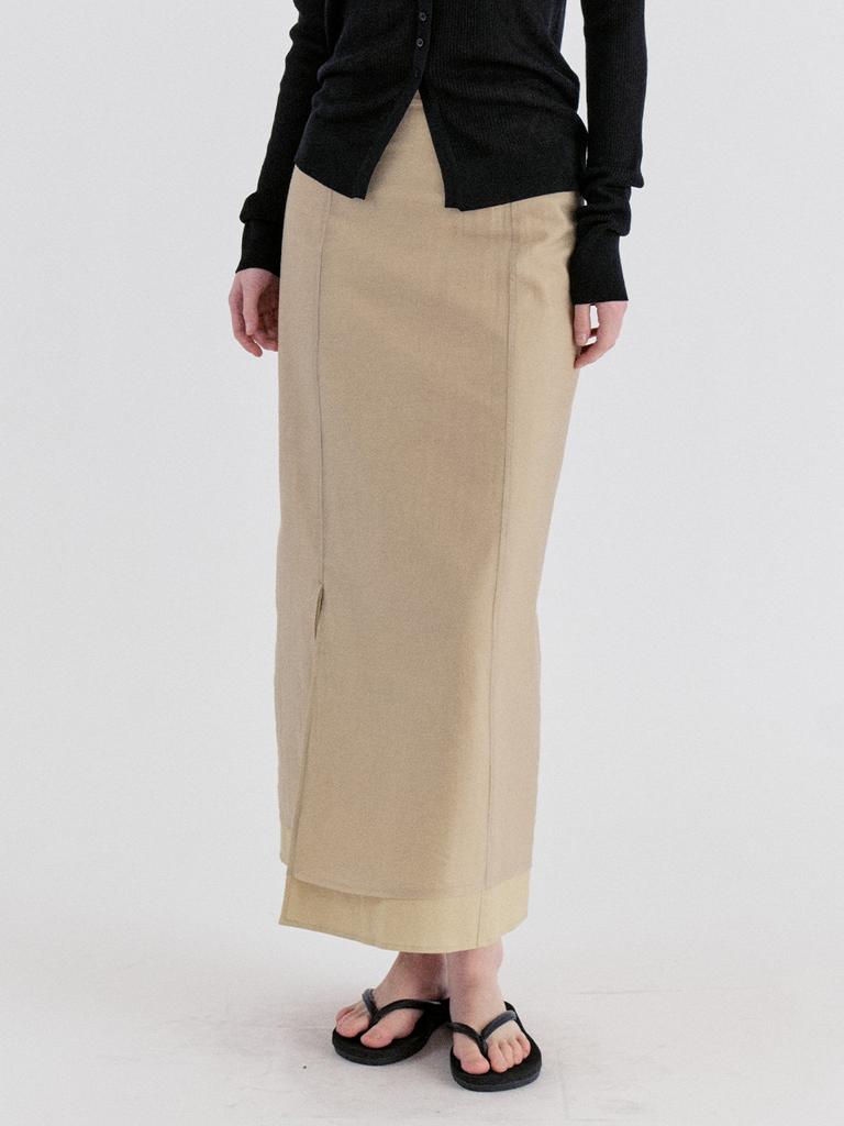 Leusejiem Basic Sheer Tencel Layered Slit Long Skirt - Beige