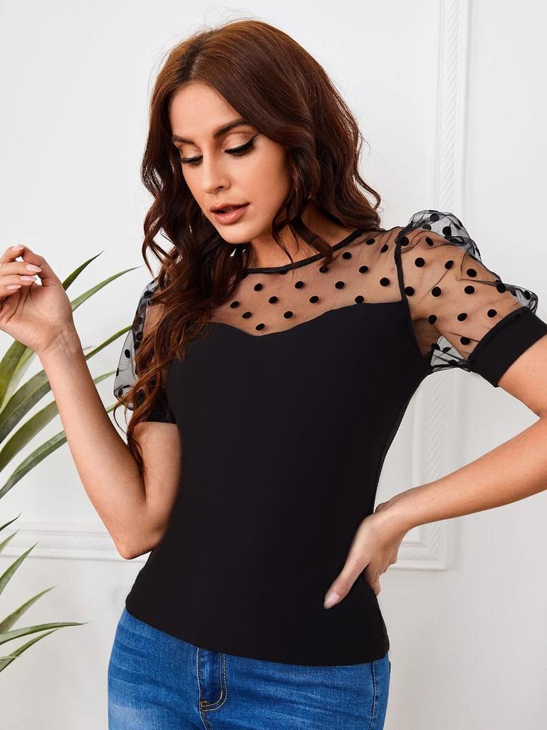 2025 Spring/Summer Women's Mesh Polka Dot Patchwork Slim-Fit Round Neck T-shirt
