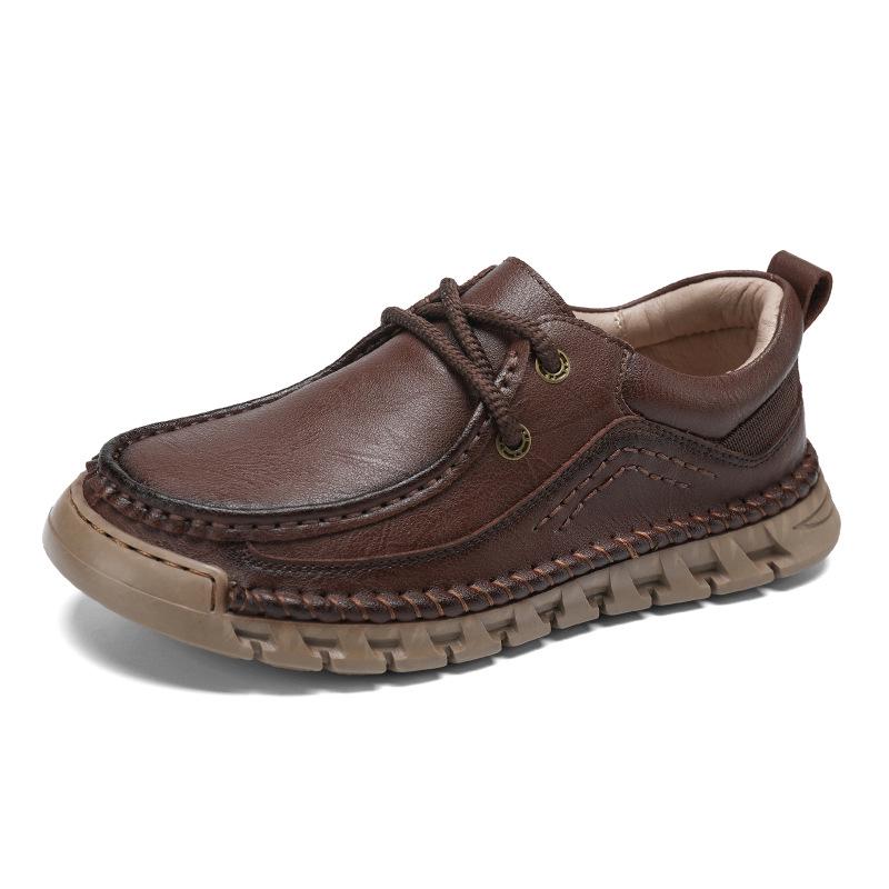 Men's Autumn Hand-Stitched Leather Driving Shoes - Large Size, Low-Top, Lace-Up, Flat Sole