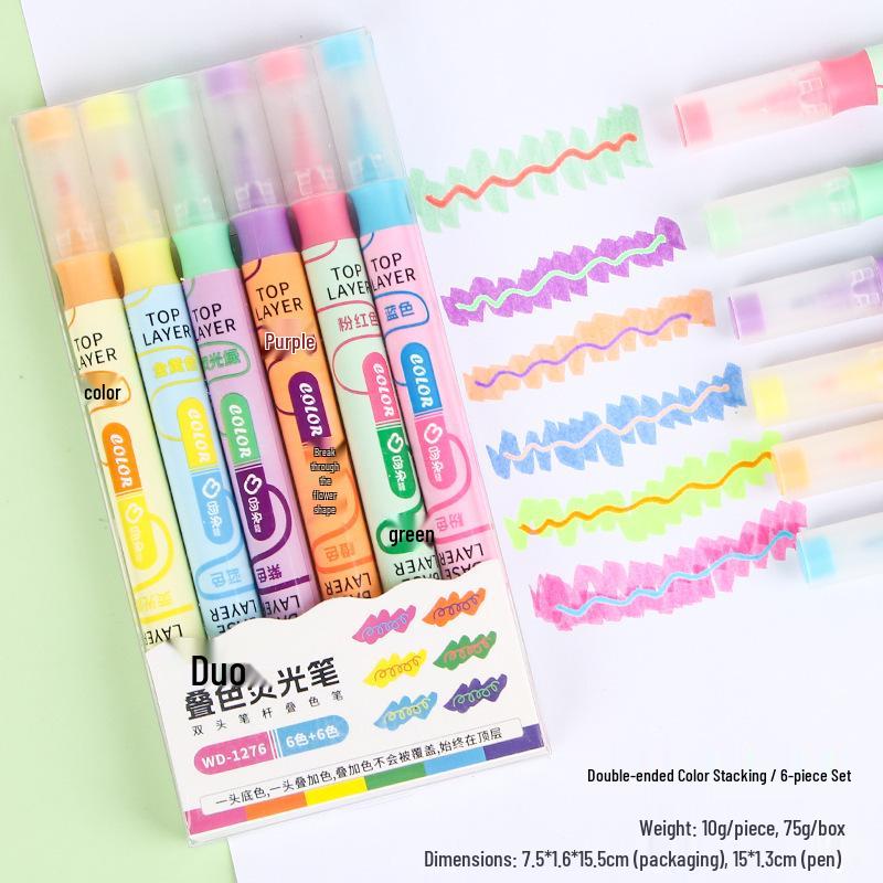 Layered Double-Ended Fluorescent Highlighter Pen - Large Capacity, Vibrant Colors for Students