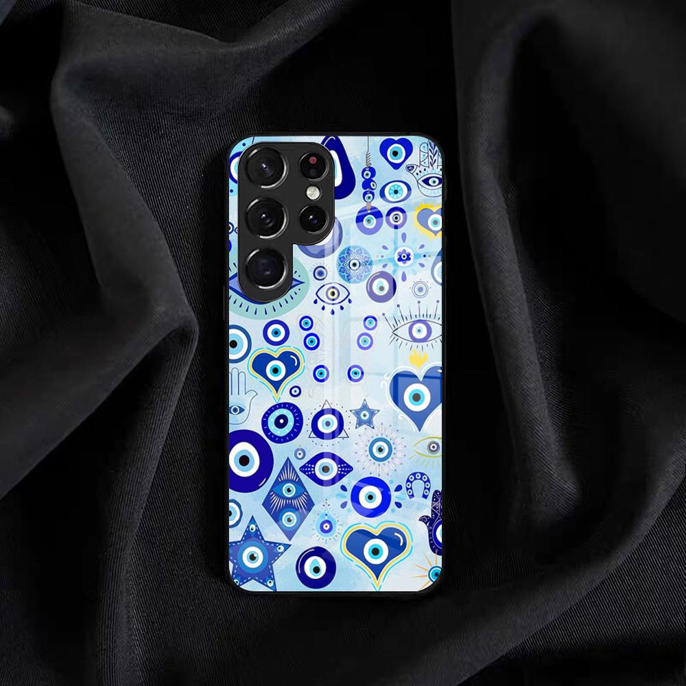 Vintage Evil Eyes Blue Phone Case For Samsung S25 Edge Ultra S23 S22 S21 S20 Ultra Plus S24 Fe A54 A53 A25 Glass Cover