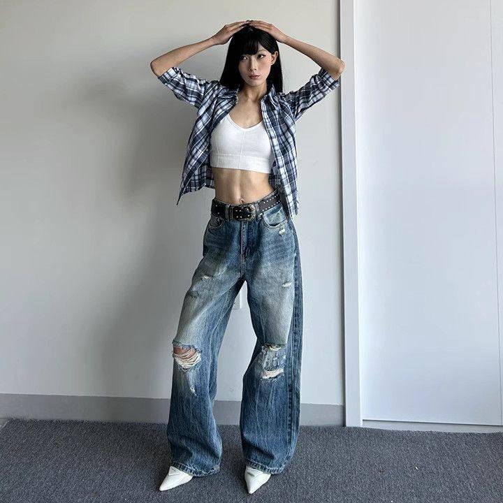 Comfortable Washed Big Yards Broken Holes Wide-legged Jeans Years High-waisted Skinny Old Loose Dragged Trousers Jeans for Women Long Denim Pants