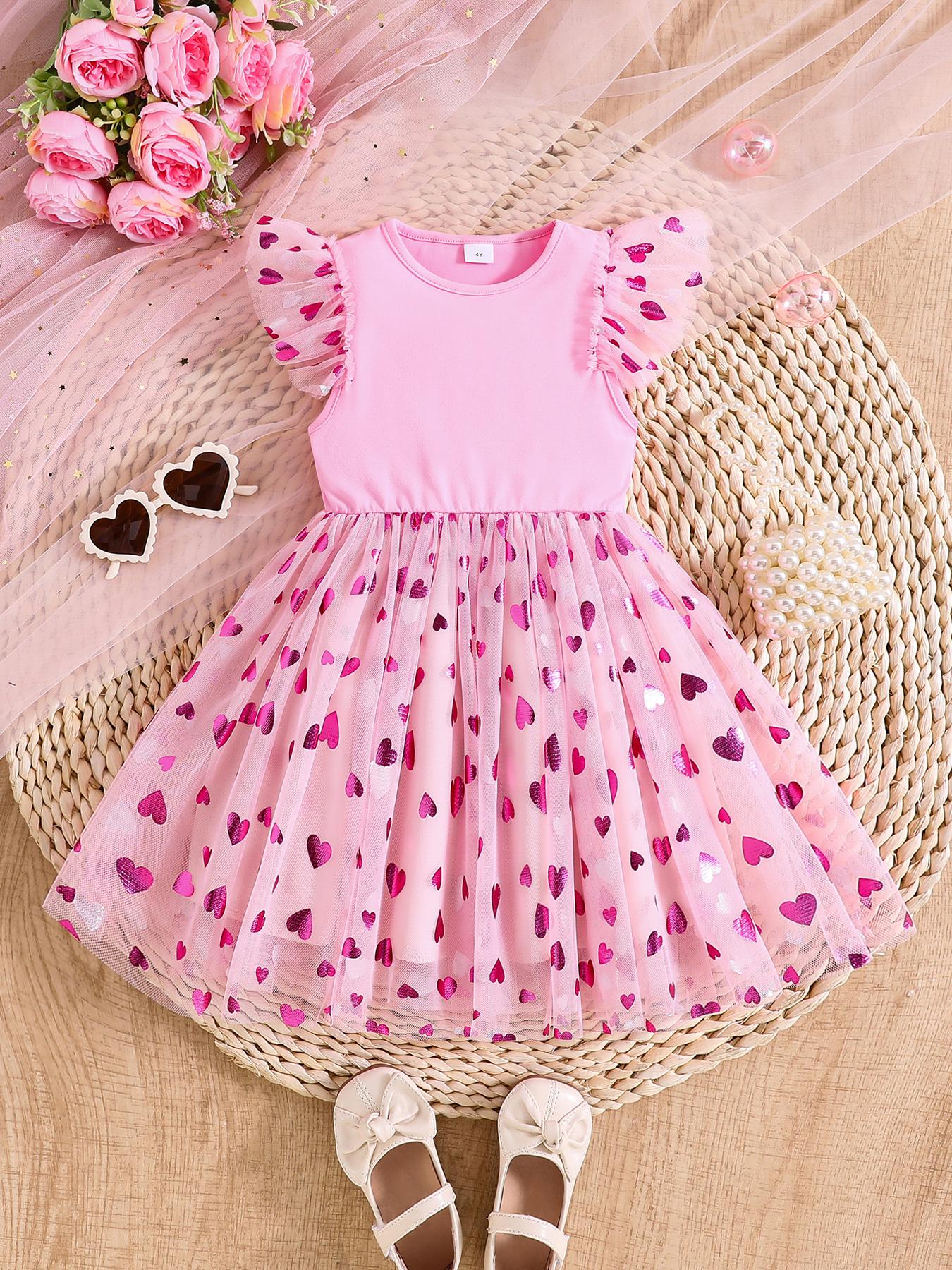 Girls Pink Heart Tulle Dress Kids Ruffle Sleeve 4Y розовый