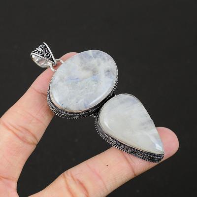Ciondolo in argento sterling 925 fatto a mano con pietra di luna arcobaleno naturale, ciondolo con doppia pietra di luna per regali, collana con ciondolo