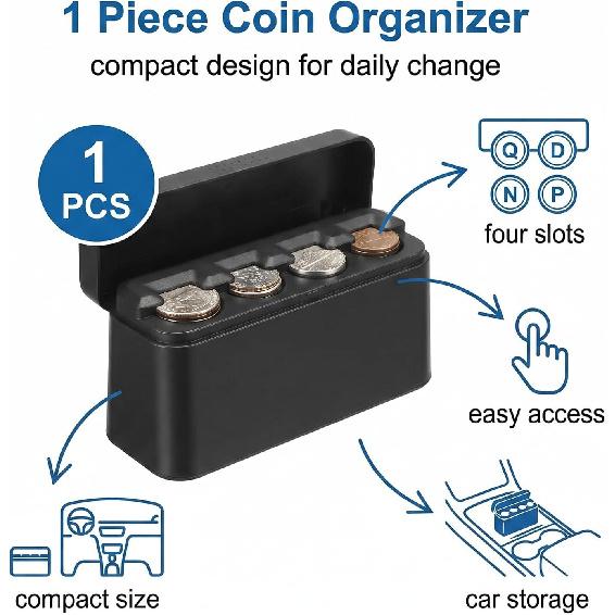 Car Coin Holder, 1-Piece Black Coin Organizer for Car & Truck Accessories, Dashboard Change Keeper