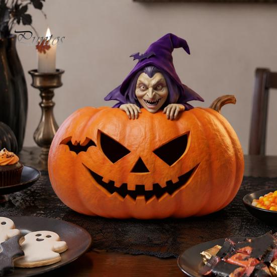 Realistic Witch Figurine Halloween Resin Pumpkin Figurine, Spooky Bat Detailed Tabletop Decor, Stable Compact Sculpture Base Mini Statue for
