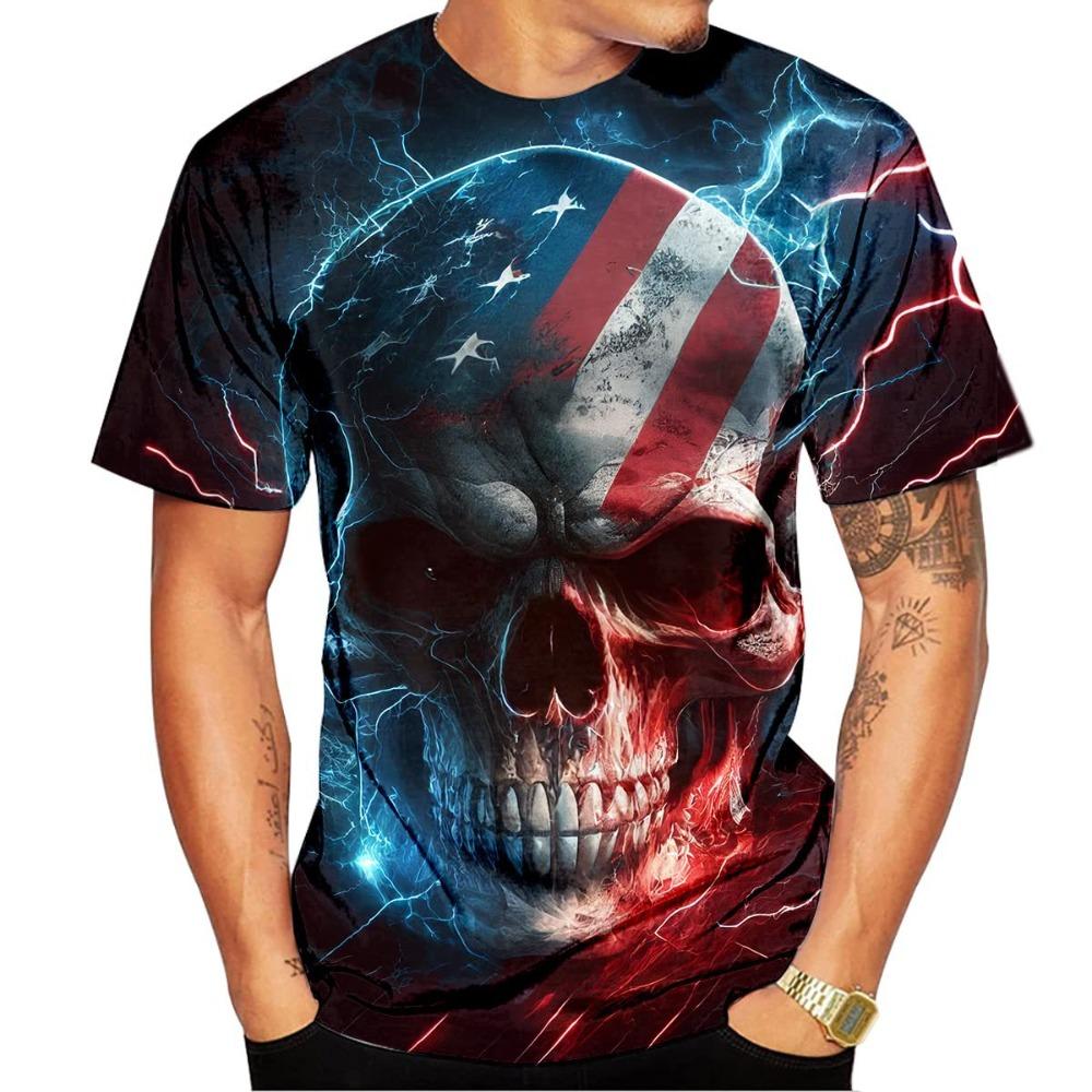 Camiseta de Manga Corta con Cuello Redondo para Hombre con Estampado de Calavera Psicodélica Impresión Digital 3D de Moda