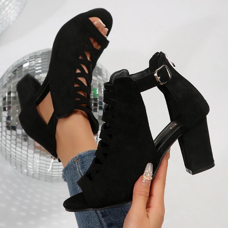 

Женские модные массивные сандалии лето новые круглый носок открытый носок ажурные перекрестные ремешки задняя молния нескользящие высокие каблуки 45 чёрный