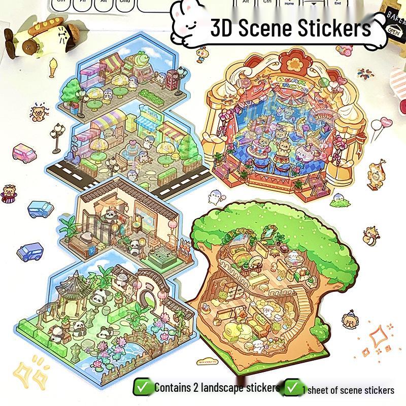 Creative 2.5D Scenery Stickers: Handmade 3D Layered Miniature Scenes for Bullet Journal Decor