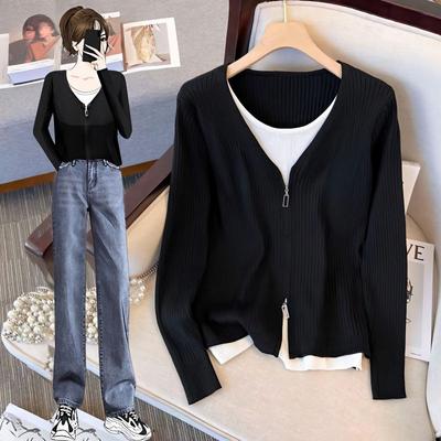 V-neck Knit Sweater Women's Spring and Autumn Sweater Colorblocking Lazy Bottoming Tops