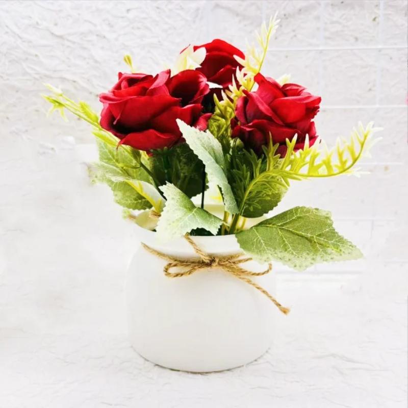 1pc Artificial Flower Potted Three Roses Small Flanged Bonsai Combination Simulated Plant Bonsai Home Decor Desktop Decoration