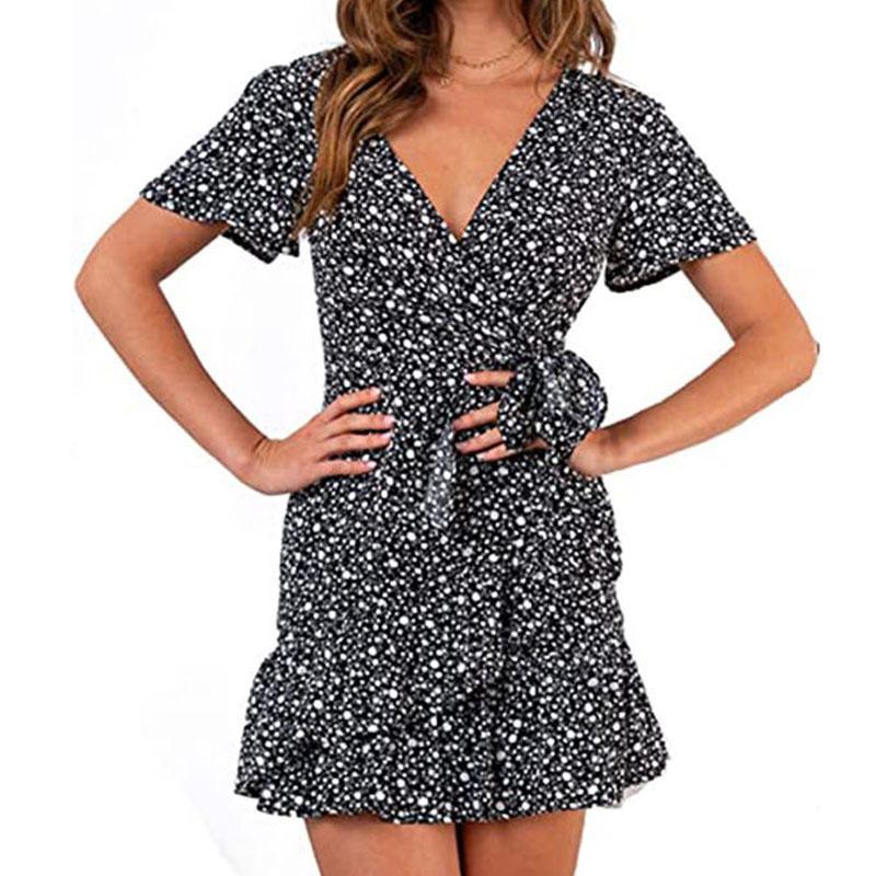 Summer V-neck Printed Short-sleeved Skirt, Lace-up Ruffled Dress, Fashionable, Sexy, Elegant and Generous Ladies Long Skirt