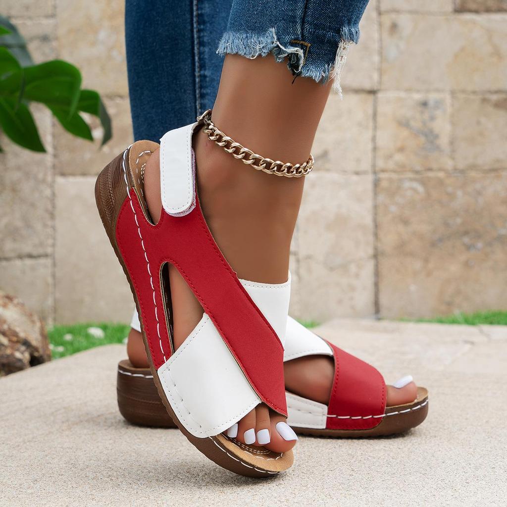 Keilsandalen in Kontrastfarbe für Damen, Peep-Toe-Slingback-Schuhe mit weicher Sohle, bequeme Sommersandalen für den Außenbereich
