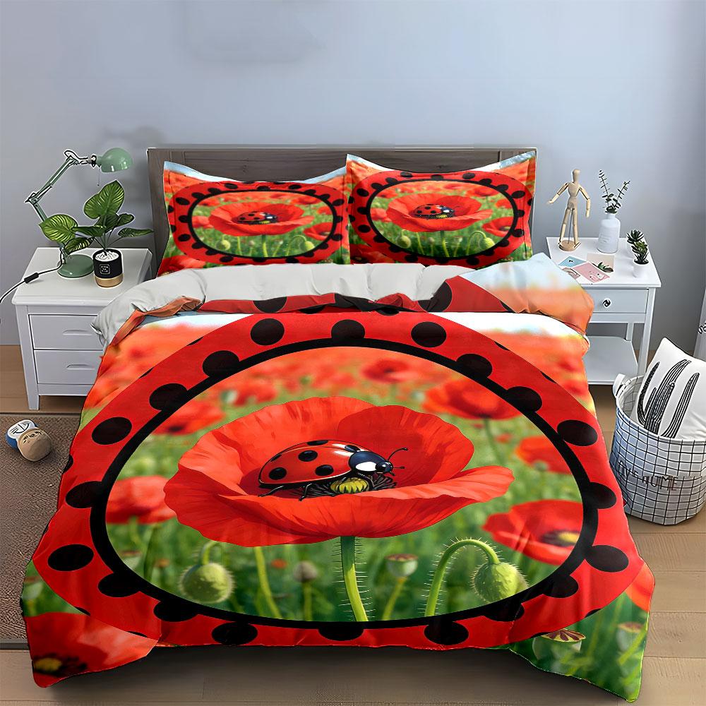 Ladybug Poppy Themed Decor Set Soft Comfortable Duvet Cover Bedding Set Included 1*Duvet Cover & 2*Pillowcases, Gift