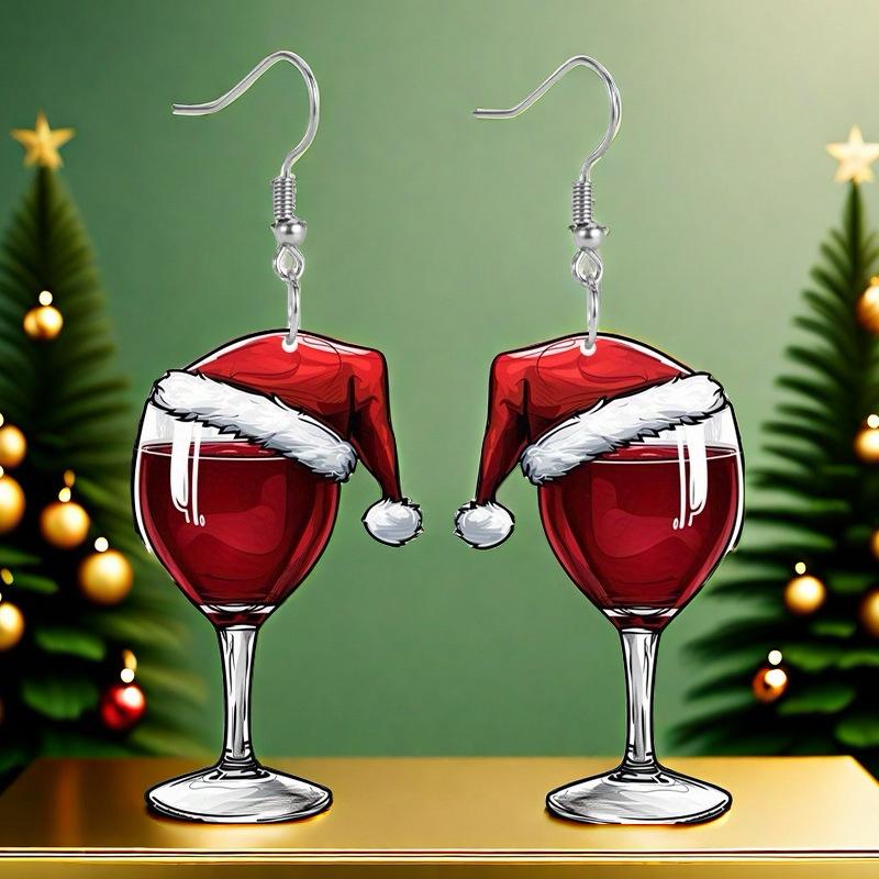 Double-Sided Cartoon Christmas Wine Glass Earrings - Acrylic with Unplated Hooks