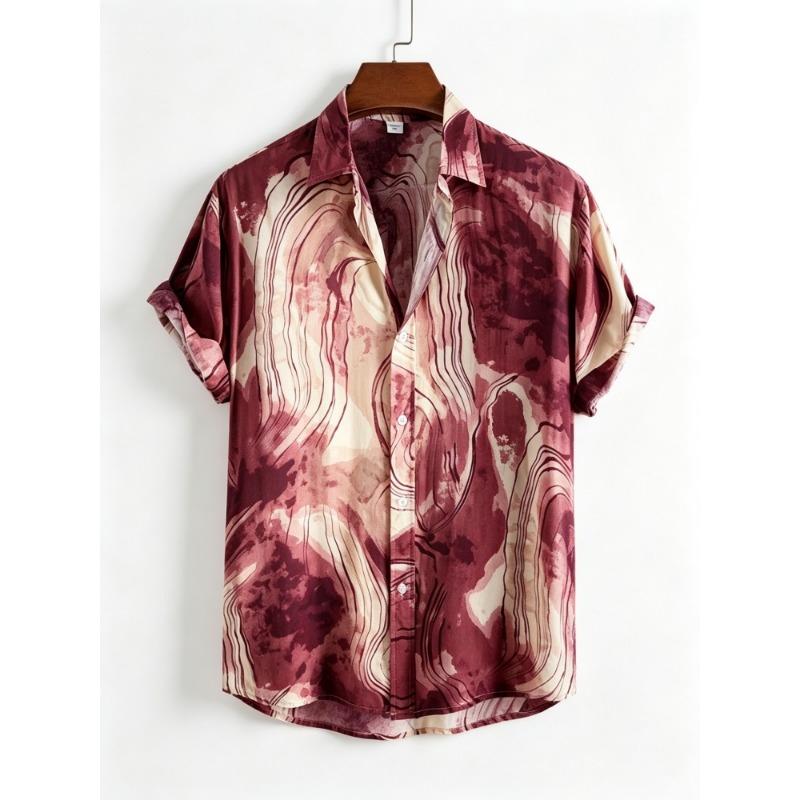 Men's Ink Marble Pattern Short Sleeve Shirt with Water Flow Texture Full Print Collar Button Beach Vacation Shirt