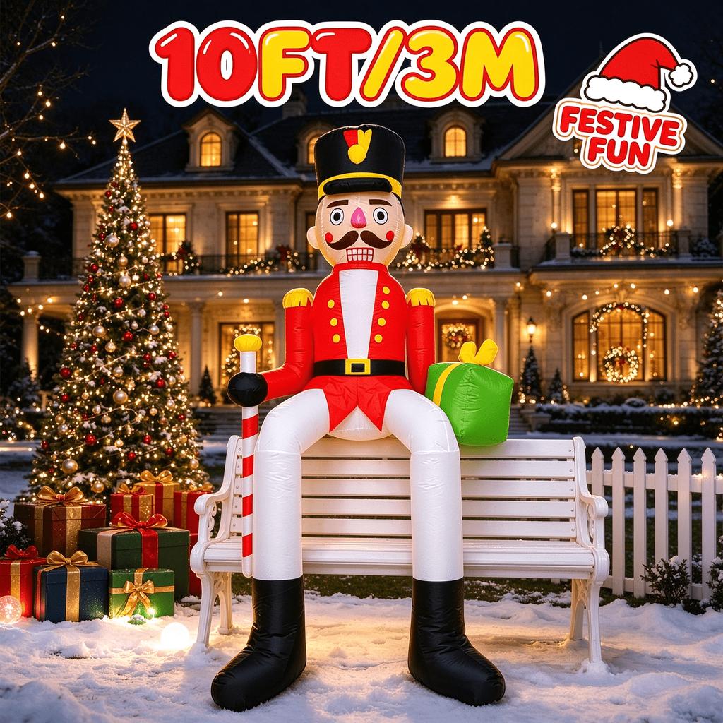 10FT Giant Christmas Inflatable Nutcracker Soldier Sitting on Bench, LED Blow Up Decor, Outdoor Yard Lawn Xmas Party Decoration