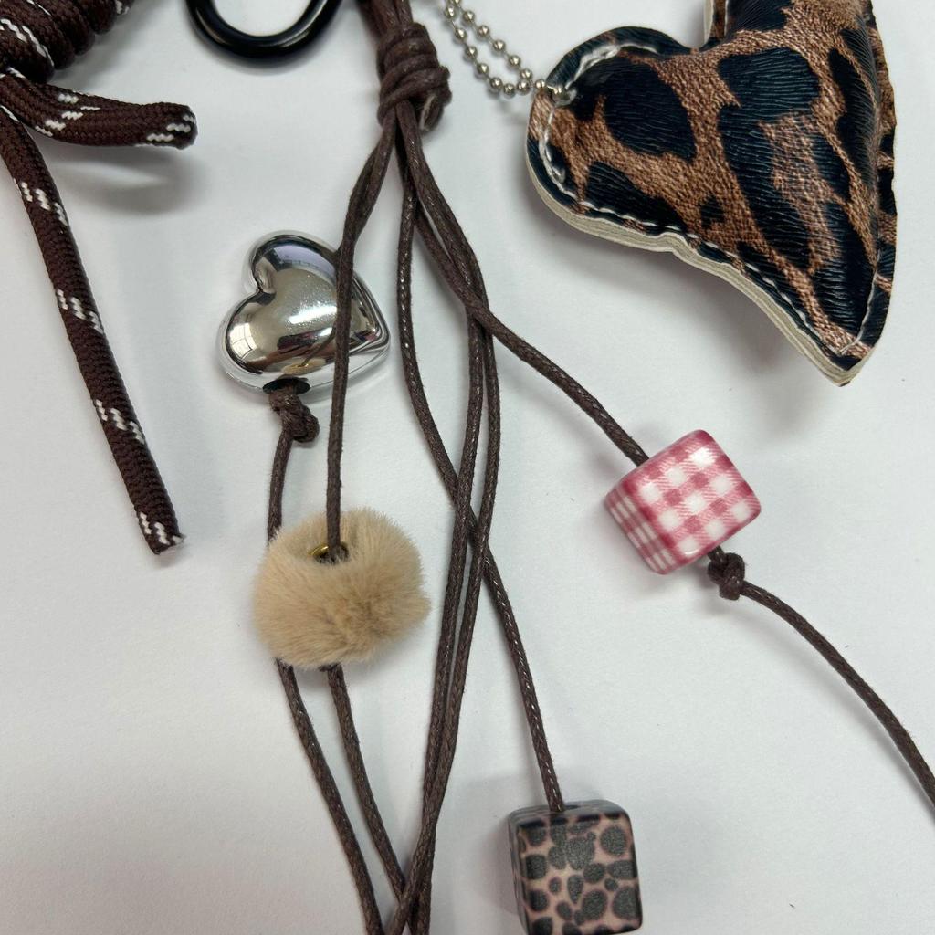 Retro Leopard Star Keychain with Woven Leather and Beaded Heart Pendant