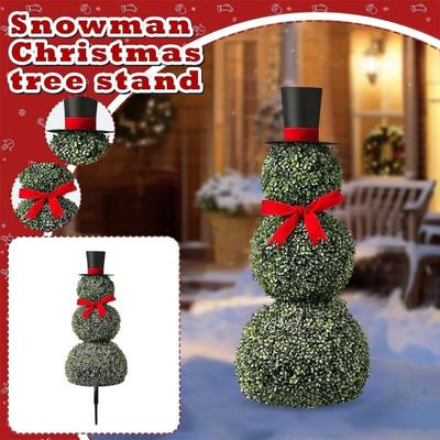 Vánoční sněhulák topiary umělý sněhulák tvarovaný topiary strom květináč s červenou mašlí čepice Santa pro vnitřní venkovní domov veranda dvůr sváteční dekorace