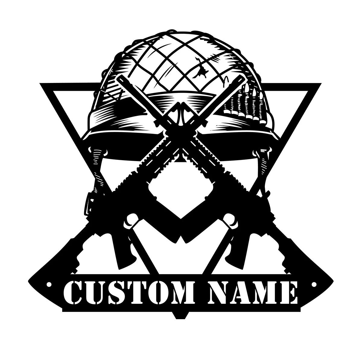 Military Helmet Crossed Rifles Metal Wall Art Custom Name Sign Home Decor