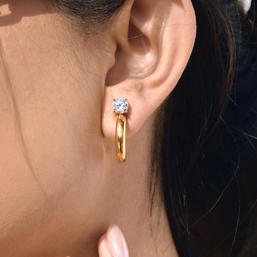 Youthway Delicate Round Zircon Earrings For Women 18K Gold PVD Plated Stainless Steel C Shape Stud Earrings Fashion Jewelry Gift