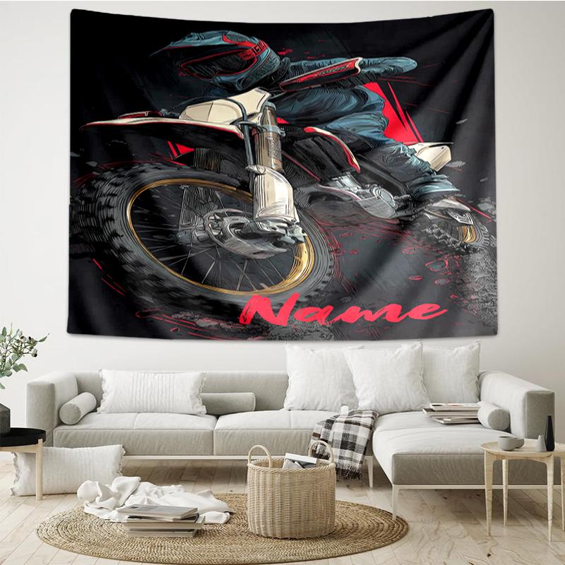 Custom Name Off-road Motorcycles Print Tapestry, Backdrop, Easy Setup, Ideal for Bedroom, Office & Living Room, with Aesthetic Wall Hanging Decor.