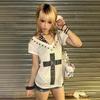 Japanese Y2k Metal Cross Print T-shirt Vintage Harajuku Short Sleeve Sheer Tops Trashy 2000s V-neck Streetwear Grunge