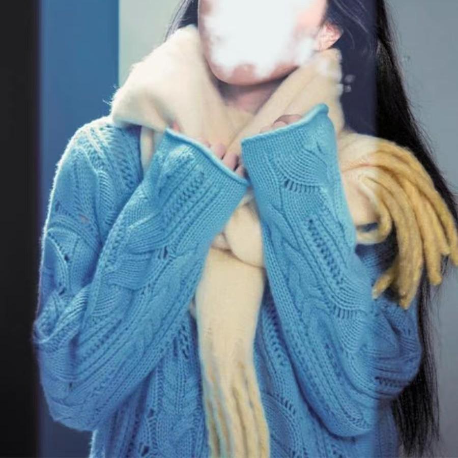 Zhao Jinmai Blue Hollow-Out Half-High Neck Sweater - Women's Autumn/Winter Versatile Loose Knit Top