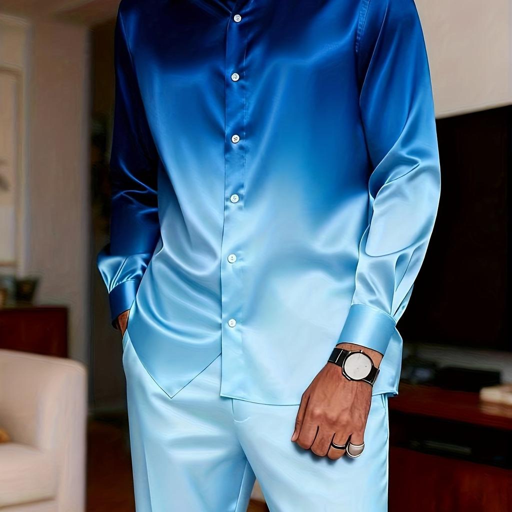 Men's Casual Two-piece Set: Plain Long-sleeved Button-down Shirt with a Spread Collar