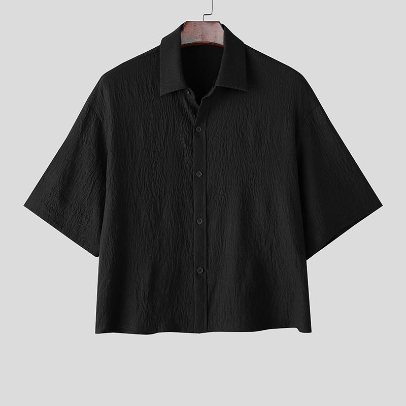 INCERUN Oversized Men Lapel Neck Short Sleeve Cropped Casual Loose Shirts