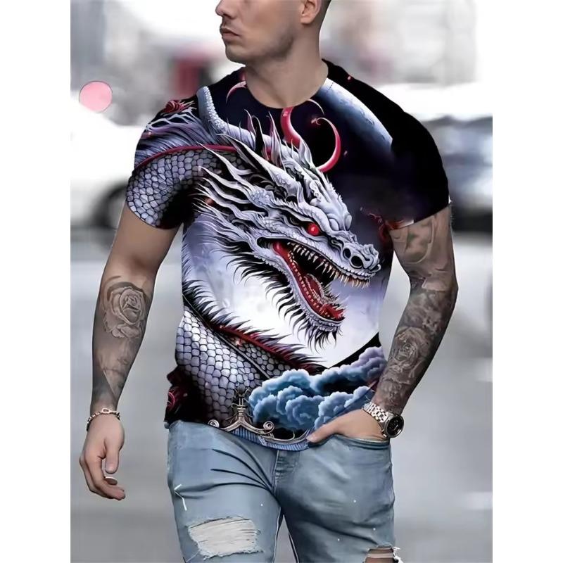 Tricou bărbătesc cu imprimeu de dragon în amestec de bumbac - Guler rotund elegant, confortabil și respirabil, pentru ținute casual de vară, de zi cu zi - Promoție