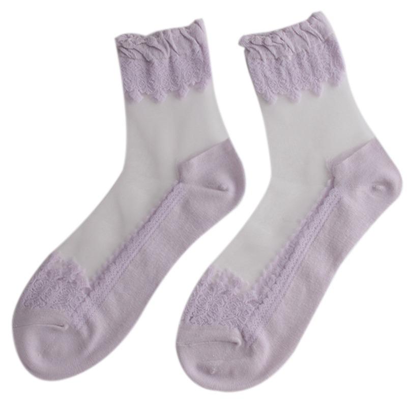 Women Sheer Crystal Lace Socks Transparent Ankle Socks with Ruffle Trim Stackable Fashion Footwear for Daily Wear