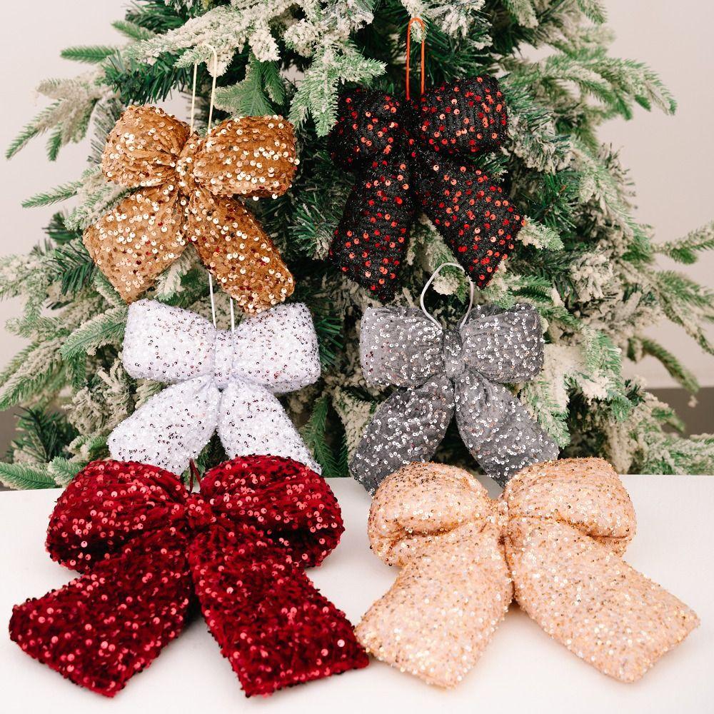 Sparkling Glitter Flocked Bowknot Creative DIY Ribbon Bow Knot Xmas Tree Ornament Flocked Texture 30cm Size Tree Hanging