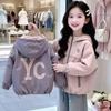 Girls' 2026 Autumn Double-Sided Letter Print Hooded Jacket - Medium & Large Kids Short Zip-Up Shirt