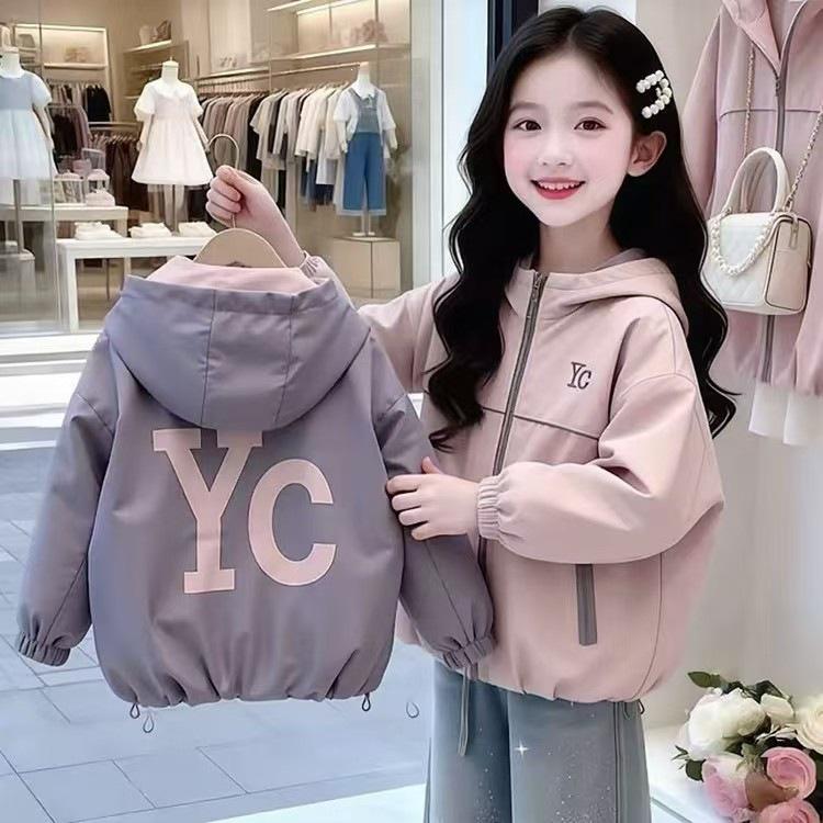 Girls' 2026 Autumn Double-Sided Letter Print Hooded Jacket - Medium & Large Kids Short Zip-Up Shirt