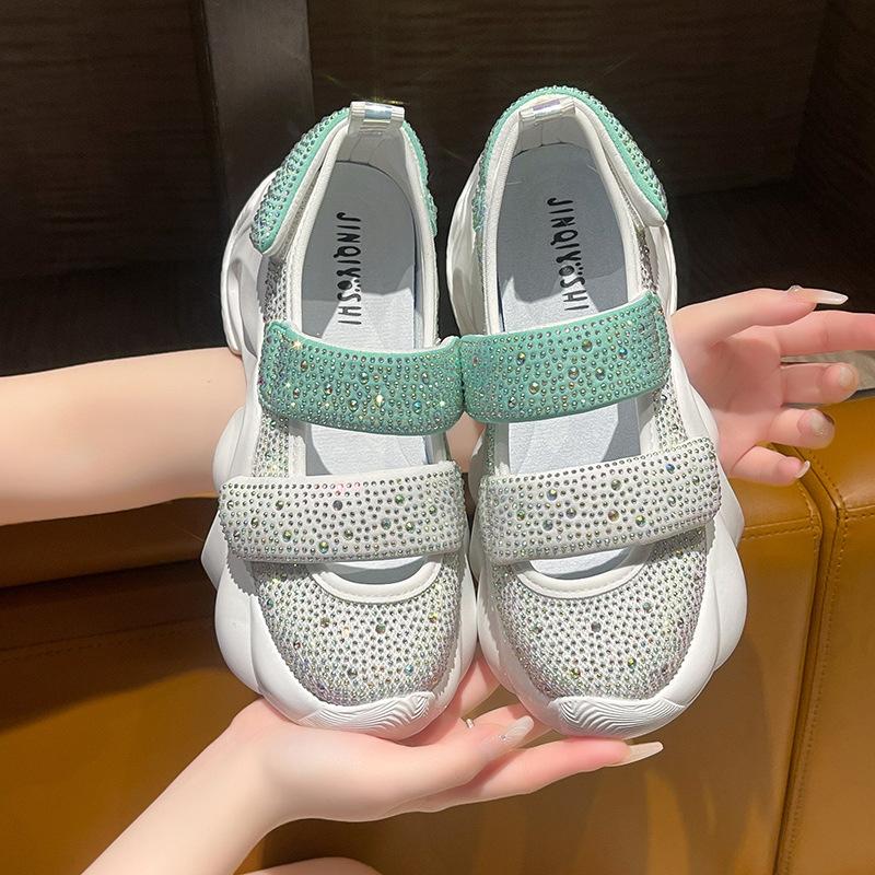 Round head muffin bottom rhinestone casual sandals women's summer new cute fashion Velcro fashion sandals