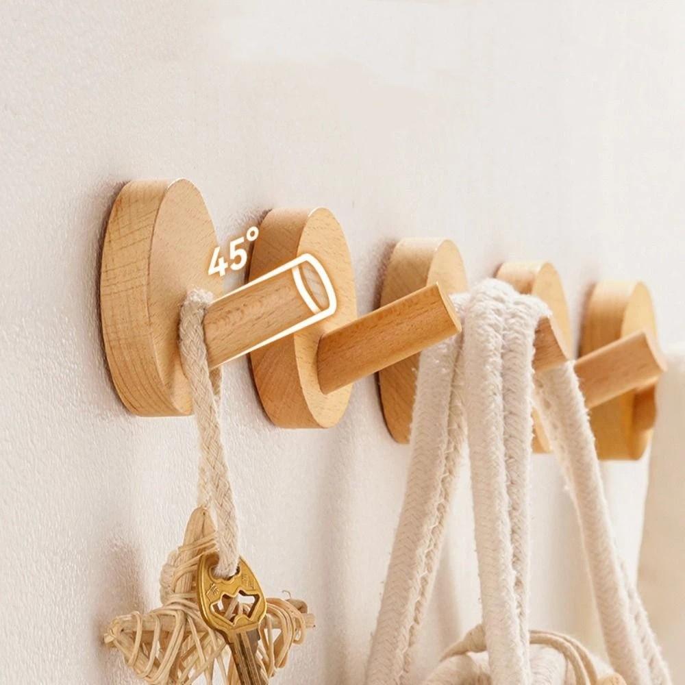 4pcs Beech Walnut Wood Wood Hook Solid Wood Punch Free Wall Hook Wood Handle Simple Design Towel Hook Bathroom Organizer