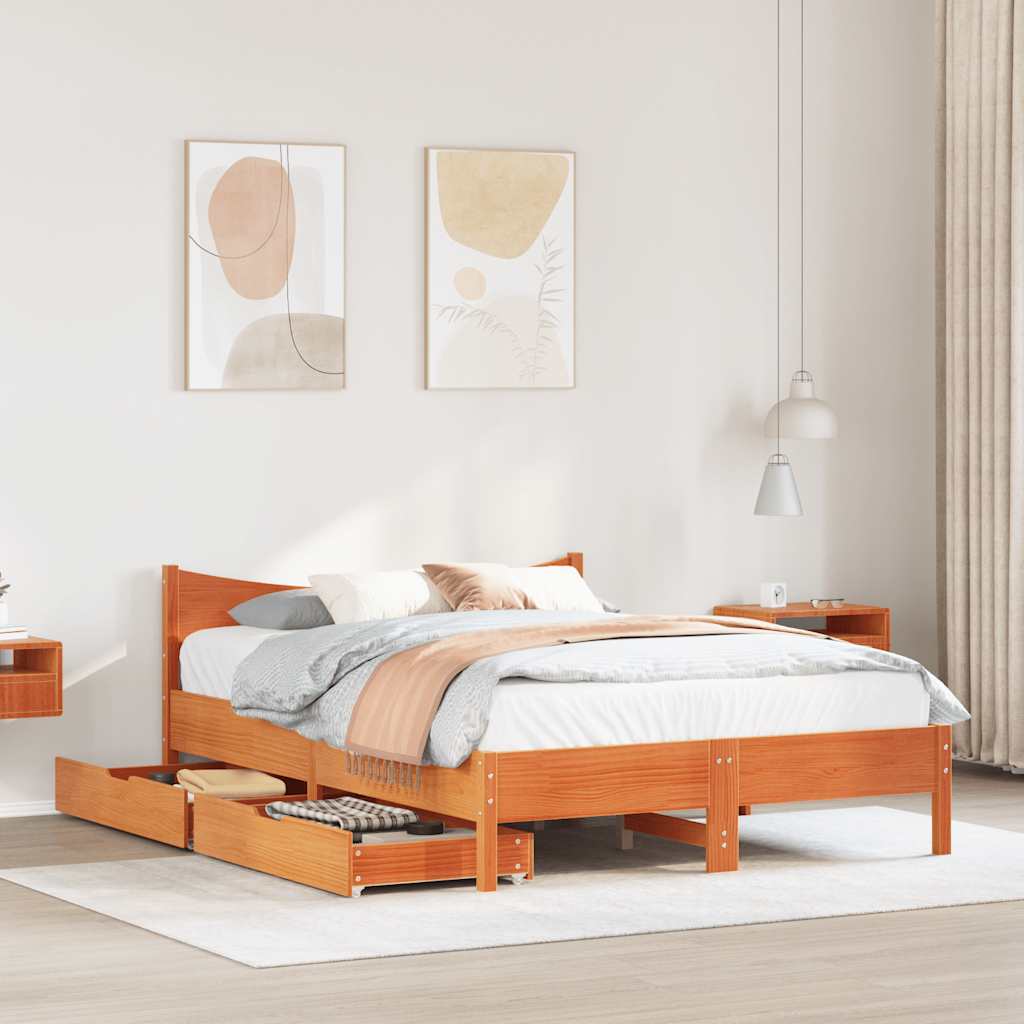 Solid Wood Bed with Drawers Wax Brown 120x200 Cm Pine