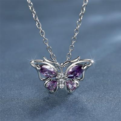 Female Crystal Zircon Purple Stone Butterfly Pendant Necklace Vintage Silver Color Wedding  For Women