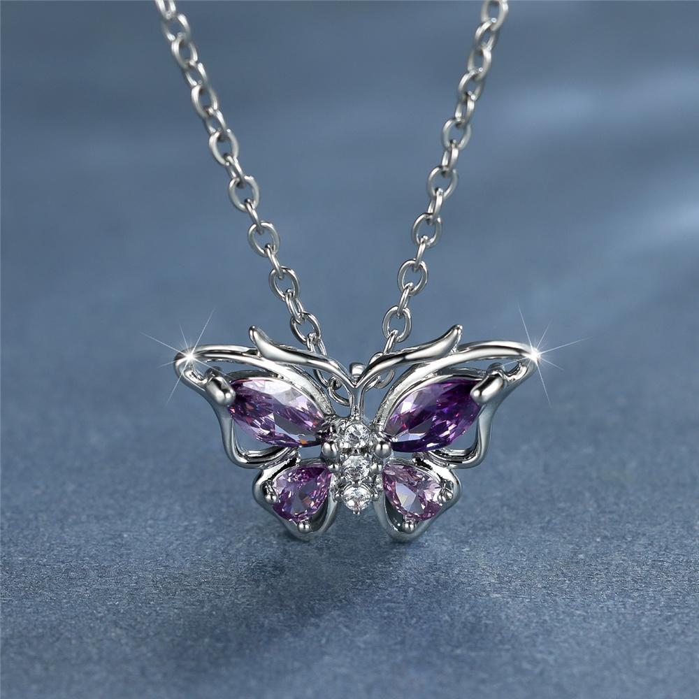 Female Crystal Zircon Purple Stone Butterfly Pendant Necklace Vintage Silver Color Wedding  For Women