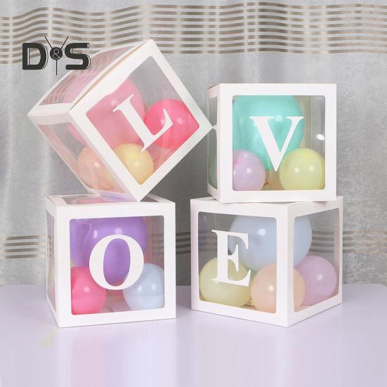 Balloon Box Reusable Clear Paper Box with Letter Stackable DIY Assembly 25 X 25cm Cube Box for Graduation Wedding Birthday Party Decor