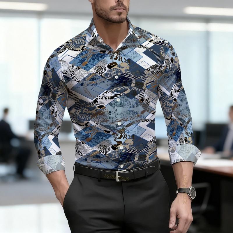 Men's Shirt Spring and Autumn New Style Men's Abstract Printed Long Sleeved Shirt Business Casual Slim Fit High-quality Shirt