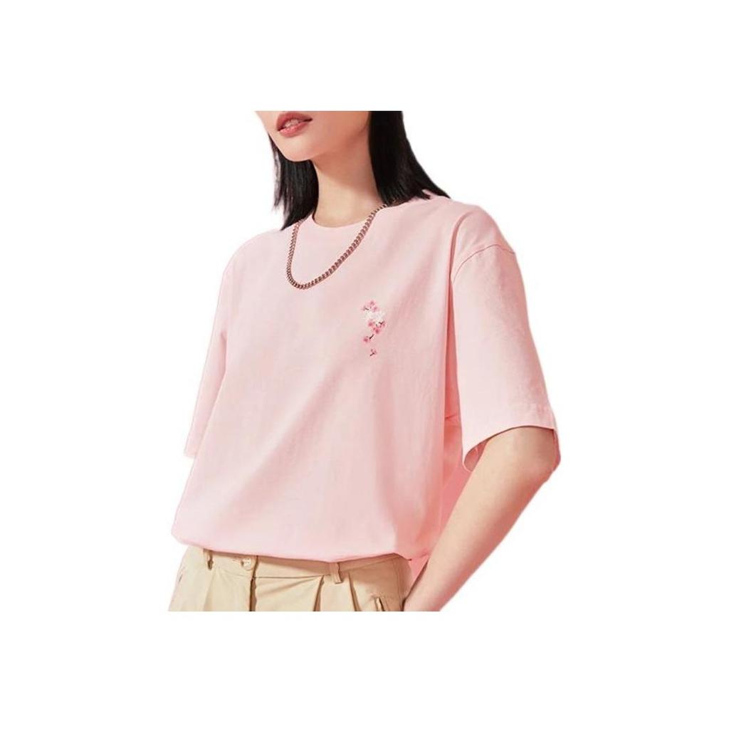 Li Ning SS22 Cherry Blossom Series Loose Short Sleeve Round Neck T-Shirt Women Tops Pink AHSS912-2
