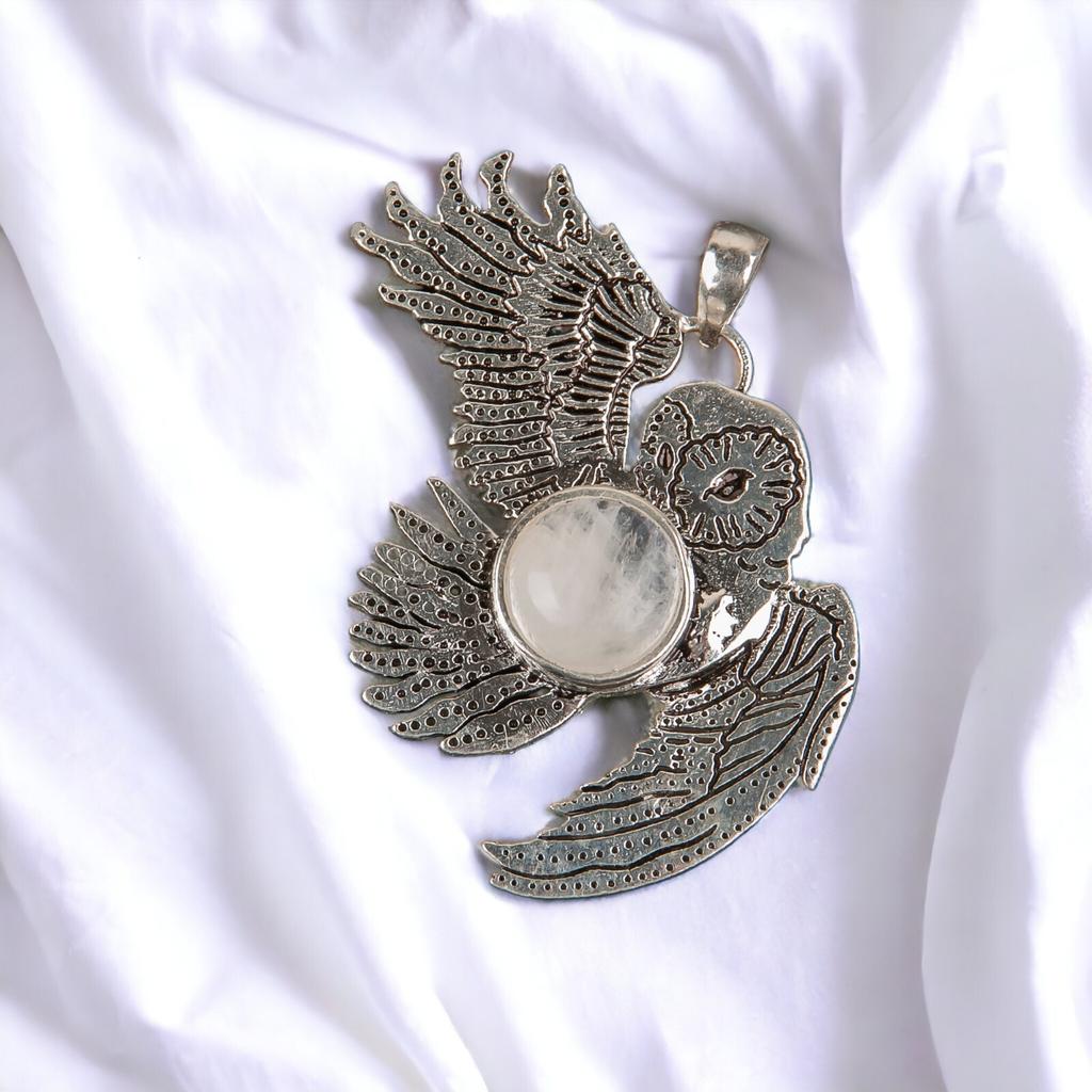 925 Sterling Silver Multi Gemstone Owl Designer Good Luck Jewelry Pendant 1.3" CP-16