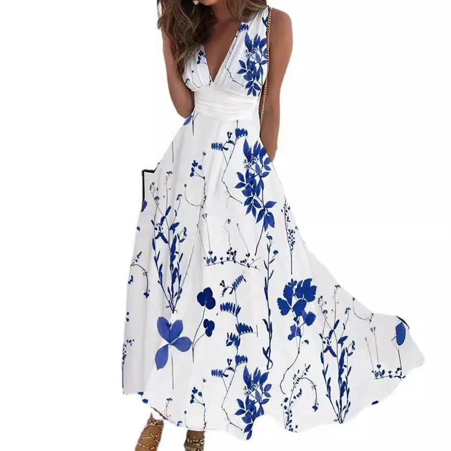 2026 Women s Summer New V-neck High Waist Sleeveless Printed Sexy Tank Top Dress S