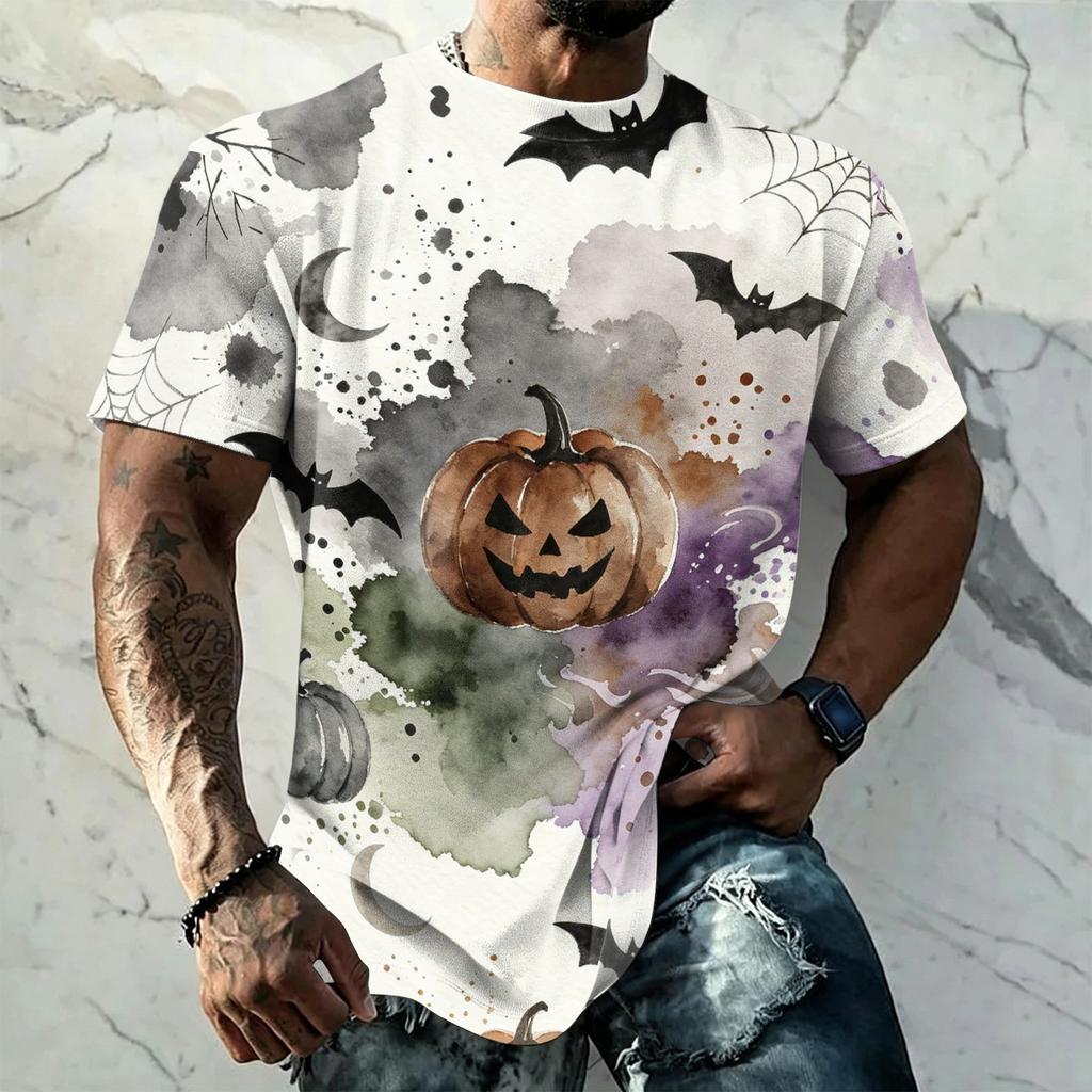 Men's Halloween Vintage Short Sleeve T Shirt Loose Breathable Summer Sports Streetwear Casual Everyday Top with Bat and Spider Web Print